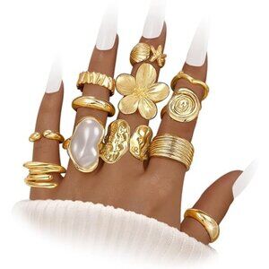 Women's Non Tarnish Statement Flower Ring12 PCS Chunky Gold Rings Big Knuckle